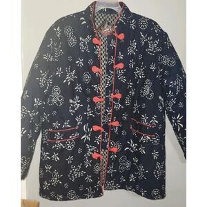 Fin Fan Navy Blue White Traditional Asian Chinese Made Quilted Coat Oriental L